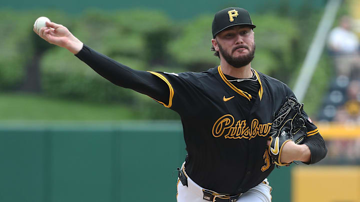 May 1, 2025; Pittsburgh, Pennsylvania, USA;  Pittsburgh Pirates starting pitcher Paul Skenes (30) delivers a pitch against the Chicago Cubs during the first inning at PNC Park. Mandatory Credit: Charles LeClaire-Imagn Imagesn