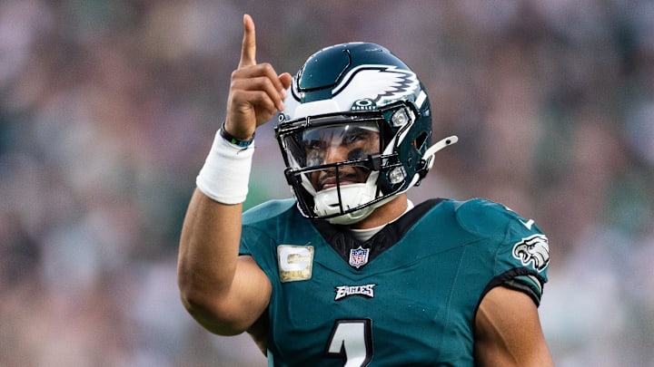 Nov 5, 2023; Philadelphia, Pennsylvania, USA; Philadelphia Eagles quarterback Jalen Hurts (1) reacts after a touchdown against the Dallas Cowboys during the first quarter at Lincoln Financial Field. Mandatory Credit: Bill Streicher-Imagn Images