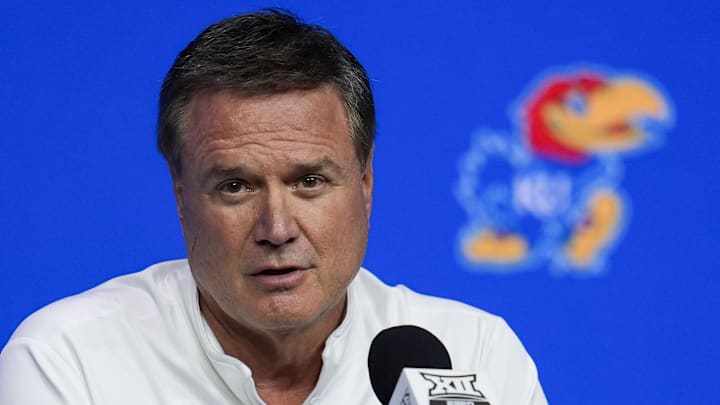 Oct 23, 2024; Kansas City, MO, USA; Kansas Jayhawks head coach Bill Self talks to media during the Big 12 Men’s Basketball Media Day at T-Mobile Center. Mandatory Credit: Jay Biggerstaff-Imagn Images Oct 23, 2024; Kansas City, MO, USA; Kansas Jayhawks head coach Bill Self talks to media during the Big 12 Men’s Basketball Media Day at T-Mobile Center. Mandatory Credit: Jay Biggerstaff-Imagn Images