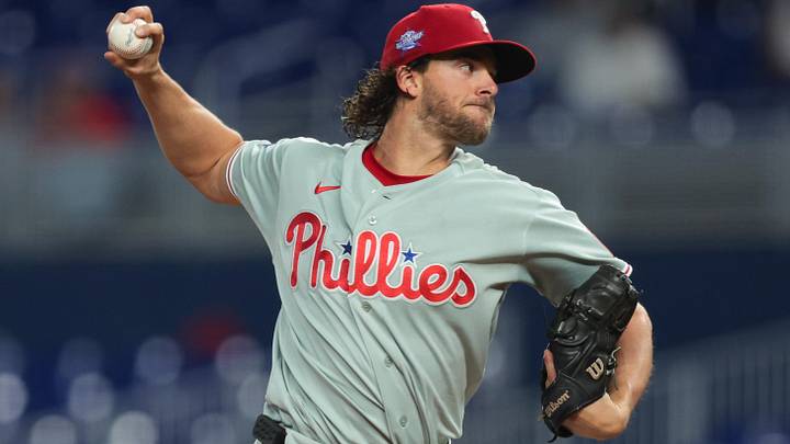 May 4, 2026; Miami, Florida, USA; Philadelphia Phillies starting pitcher Aaron Nola (27) delivers a pitch against the Miami Marlins during the first inning at loanDepot Park. May 4, 2026; Miami, Florida, USA; Philadelphia Phillies starting pitcher Aaron Nola (27) delivers a pitch against the Miami Marlins during the first inning at loanDepot Park.