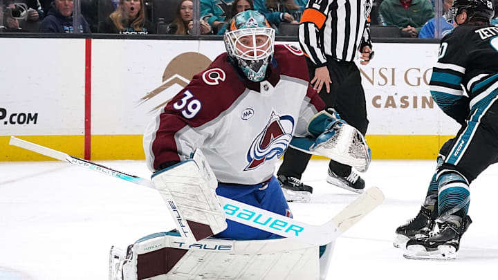 Dec 19, 2024; San Jose, California, USA;  Colorado Avalanche goalie Mackenzie Blackwood (39) follows the puck against the San Jose Sharks in the second period at SAP Center at San Jose. Mandatory Credit: David Gonzales-Imagn Images