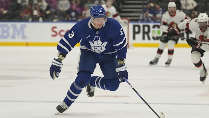 Sep 25, 2023; Toronto, Ontario, CAN; Toronto Maple Leafs defenseman John Klingberg (3) skates against the Ottawa Senators during the first period at Scotiabank Arena. Mandatory Credit: John E. Sokolowski-Imagn Images