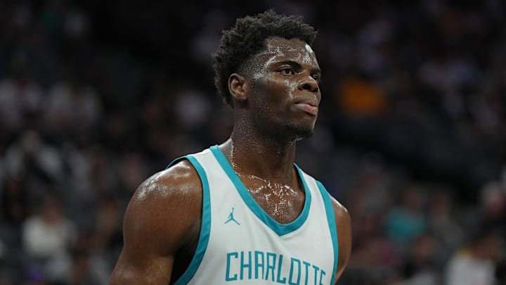 Jul 5, 2023; Sacramento, CA, USA; Charlotte Hornets center James Nnaji (46) during the second quarter against the Golden State Warriors at Golden 1 Center. Mandatory Credit: Darren Yamashita-Imagn Images Jul 5, 2023; Sacramento, CA, USA; Charlotte Hornets center James Nnaji (46) during the second quarter against the Golden State Warriors at Golden 1 Center. Mandatory Credit: Darren Yamashita-Imagn Images