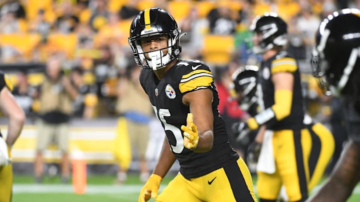 Aug 13, 2022; Pittsburgh, Pennsylvania, USA;  Pittsburgh Steelers wide receiver Cody White (15) at the line of scrimmage against the Seattle Seahawks during the fourth quarter at Acrisure Stadium. Mandatory Credit: Philip G. Pavely-Imagn Images