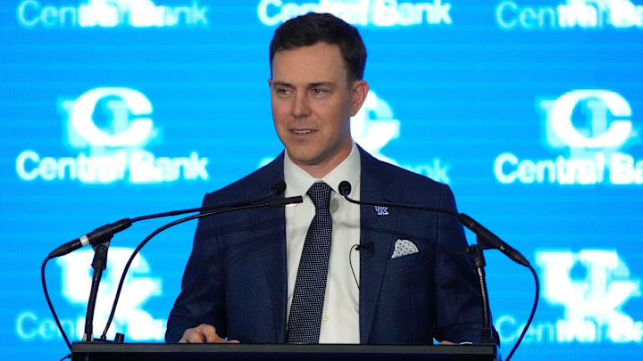 New Kentucky Wildcat head coach Will Stein makes remarks as he is introduced at Kentucky on Wednesday, December 3, 2025