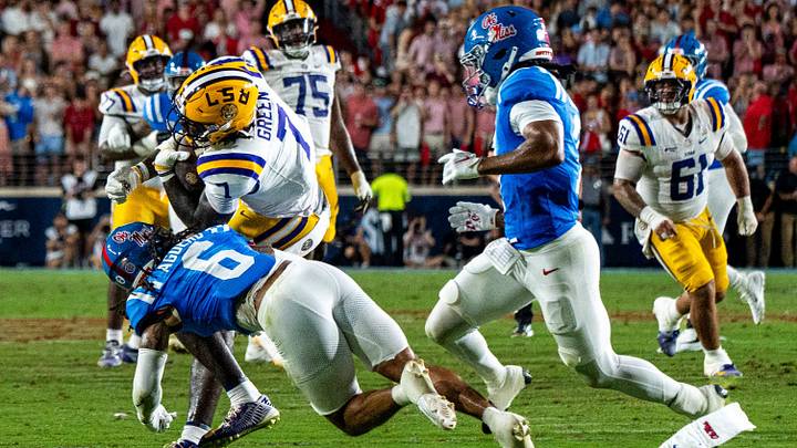 Ole Miss safety Joenel Aguero (6) tackles LSU tight end Trey'Dez Green (7) during a college football game between Ole Miss and LSU at Vaught Hemingway Stadium in Oxford, Miss., on Saturday, Sept. 19, 2026. Ole Miss defeated LSU 32-24. Ole Miss safety Joenel Aguero (6) tackles LSU tight end Trey'Dez Green (7) during a college football game between Ole Miss and LSU at Vaught Hemingway Stadium in Oxford, Miss., on Saturday, Sept. 19, 2026. Ole Miss defeated LSU 32-24.