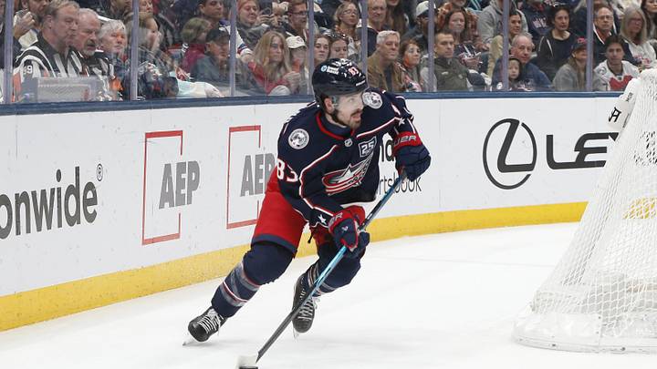 Mar 21, 2026; Columbus, Ohio, USA; Columbus Blue Jackets right wing Conor Garland (83) looks to pass against the Seattle Kraken during the second period at Nationwide Arena. Mandatory Credit: Russell LaBounty-Imagn Images