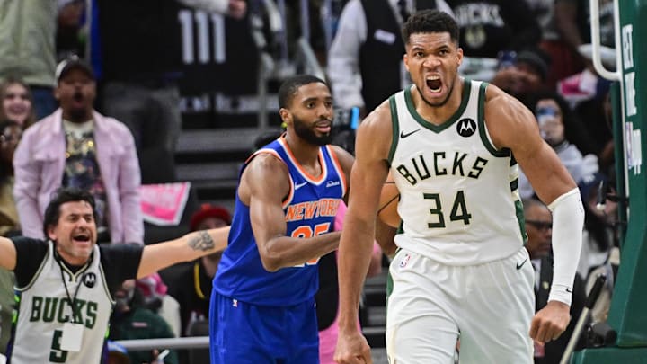 Oct 28, 2025; Milwaukee, Wisconsin, USA: Milwaukee Bucks forward Giannis Antetokounmpo (34) reacts after scoring a basket in the 3rd quarter against the New York Knicks at Fiserv Forum. Mandatory Credit: Benny Sieu-Imagn Images