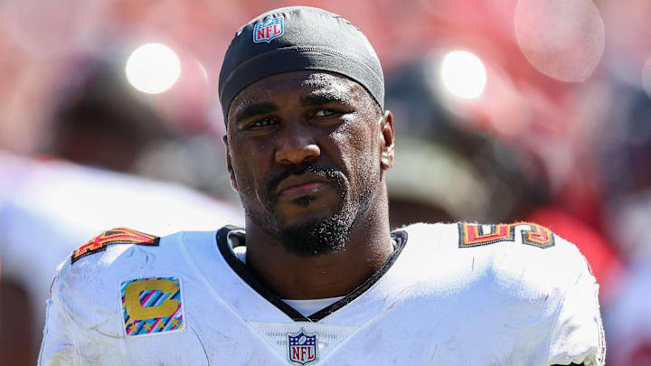Sep 29, 2024; Tampa, Florida, USA; Tampa Bay Buccaneers linebacker Lavonte David (54) looks on against the Philadelphia Eagles in the third quarter at Raymond James Stadium. Mandatory Credit: Nathan Ray Seebeck-Imagn Images