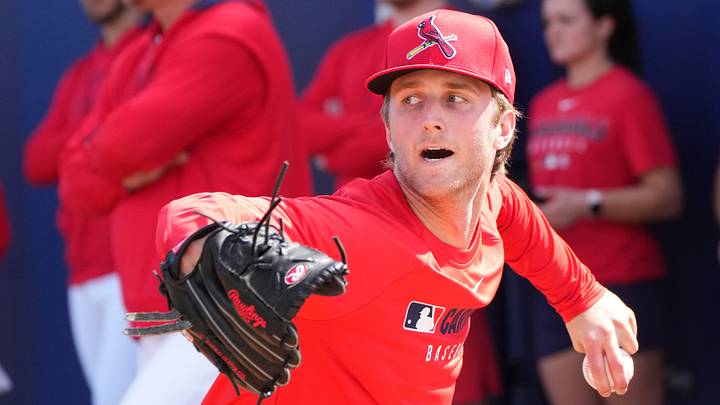 Feb 12, 2025; Jupiter, FL, USA; St. Louis Cardinals pitcher Quinn Mathews throws during Spring Training. Mandatory Credit: Jim Rassol-Imagn Images Feb 12, 2025; Jupiter, FL, USA; St. Louis Cardinals pitcher Quinn Mathews throws during Spring Training. Mandatory Credit: Jim Rassol-Imagn Images
