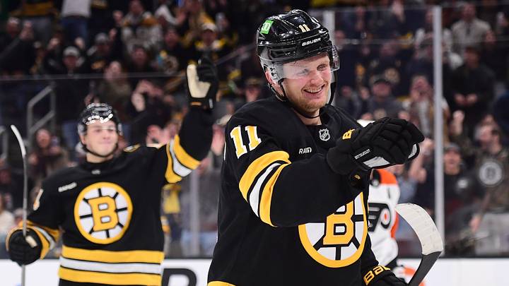 Oct 10, 2026; Boston, Massachusetts, USA;  Boston Bruins center Casey Mittelstadt (11) reacts after scoring a goal during the third period against the Philadelphia Flyers at TD Garden. Mandatory Credit: Bob DeChiara-Imagn Images