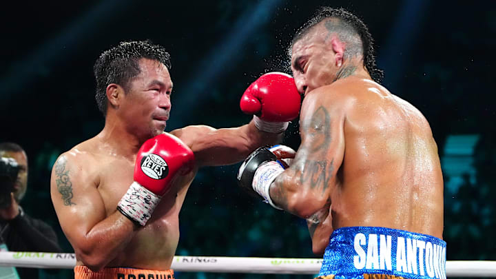 Jul 19, 2025; Las Vegas, Nevada,  USA; Manny Pacquiao fights Mario Barrios at MGM Grand Garden Arena. Mandatory Credit: Stephen R. Sylvanie-Imagn Images