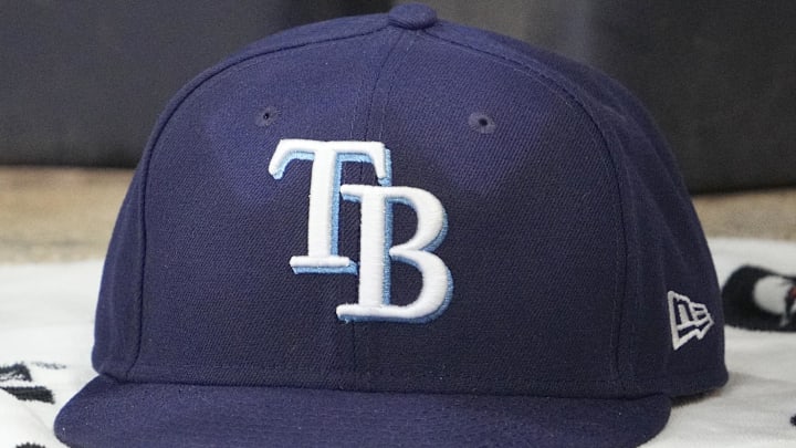 Mar 30, 2026; Milwaukee, Wisconsin, USA; A detailed view of the Tampa Bay Rays hat at American Family Field. 