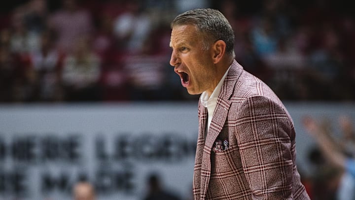 Nov 4, 2024; Tuscaloosa, Alabama, USA; Alabama Crimson Tide head coach Nate Oats reacts from the bench during the first half at Coleman Coliseum. Mandatory Credit: Will McLelland-Imagn Images Nov 4, 2024; Tuscaloosa, Alabama, USA; Alabama Crimson Tide head coach Nate Oats reacts from the bench during the first half at Coleman Coliseum. Mandatory Credit: Will McLelland-Imagn Images