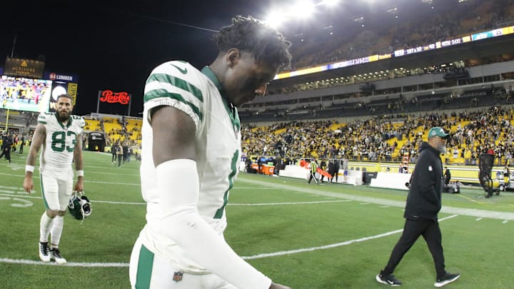 Oct 20, 2024; Pittsburgh, Pennsylvania, USA; New York Jets cornerback Sauce Gardner (1) reacts as he leaves the field after playing the Pittsburgh Steelers at Acrisure Stadium. Oct 20, 2024; Pittsburgh, Pennsylvania, USA; New York Jets cornerback Sauce Gardner (1) reacts as he leaves the field after playing the Pittsburgh Steelers at Acrisure Stadium.