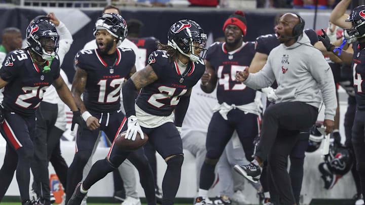 Dec 15, 2024; Houston, Texas, USA; Houston Texans cornerback Derek Stingley Jr. (24) reacts after an interception during the game against the Miami Dolphins at NRG Stadium. Mandatory Credit: Troy Taormina-Imagn Images