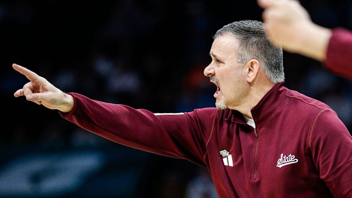 Mississippi State head coach Chris Jans reacts to a play against Michigan State during the first half of NCAA tournament West Region first round at Spectrum Center in Charlotte, N.C. on Thursday, March 21, 2024.