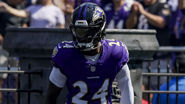 Sep 14, 2025; Baltimore, Maryland, USA; Baltimore Ravens safety Malaki Starks (24) before the game against the Cleveland Browns at M&T Bank Stadium. Mandatory Credit: Mitch Stringer-Imagn Images