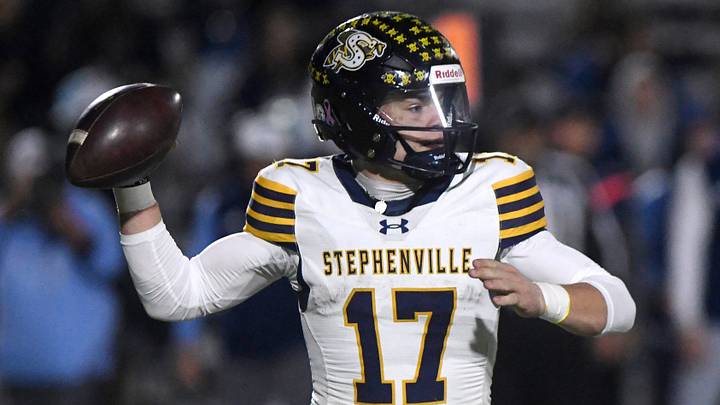 Stephenville's Trot Jordan prepares to throw the ball against West Plains in a Region I Class 4A Division I regional semifinal football game, Friday, Dec. 5, 2025, at PlainsCapital Park in Lowrey Field. Stephenville's Trot Jordan prepares to throw the ball against West Plains in a Region I Class 4A Division I regional semifinal football game, Friday, Dec. 5, 2025, at PlainsCapital Park in Lowrey Field.