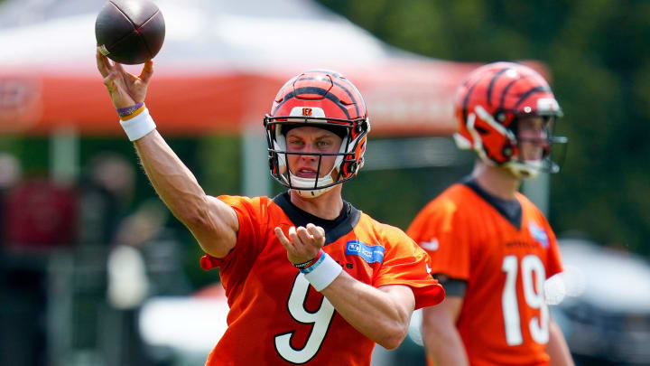 Cincinnati Bengals quarterback Joe Burrow (9) throws a pass during a training camp practice at the Paycor Stadium practice field in downtown Cincinnati on Wednesday, July 26, 2023. Cincinnati Bengals quarterback Joe Burrow (9) throws a pass during a training camp practice at the Paycor Stadium practice field in downtown Cincinnati on Wednesday, July 26, 2023.