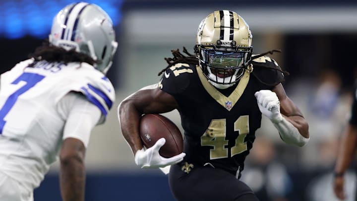 Sep 15, 2024; Arlington, Texas, USA; New Orleans Saints running back Alvin Kamara (41) runs against the Dallas Cowboys in the second half at AT&T Stadium. Mandatory Credit: Tim Heitman-Imagn Images