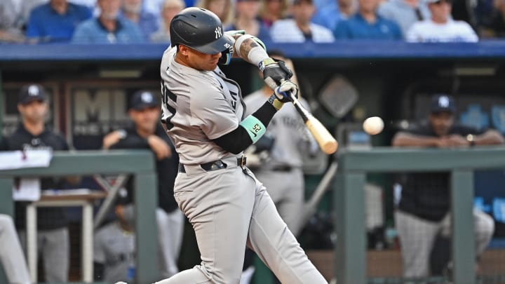 Jun 11, 2024; Kansas City, Missouri, USA; New York Yankees right fielder Juan Soto (22) singles in the fourth inning against the Kansas City Royals at Kauffman Stadium.