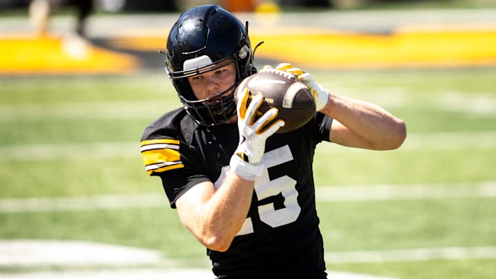 Apr 26, 2025; Iowa City, IA, USA; Iowa wide receiver Reece Vander Zee (15) runs a drill during a spring NCAA football open practice at Kinnick Stadium. Mandatory Credit: Joseph Cress/For the Register
