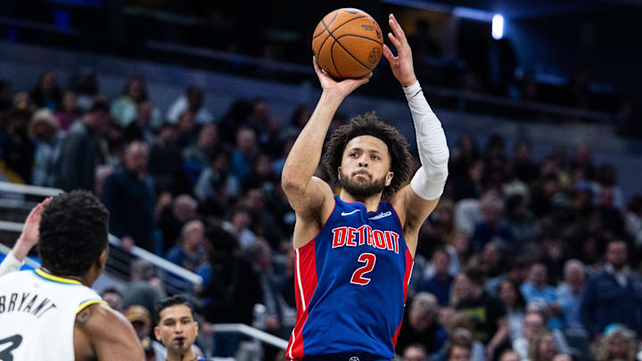 Jan 29, 2025; Indianapolis, Indiana, USA; Detroit Pistons guard Cade Cunningham (2) shoots the ball in the second half against the Indiana Pacers at Gainbridge Fieldhouse. Mandatory Credit: Trevor Ruszkowski-Imagn Images