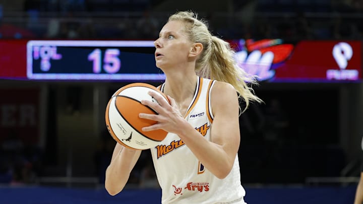 Aug 3, 2025; Chicago, Illinois, USA; Phoenix Mercury guard Lexi Held (1) looks to shoot against the Chicago Sky during the first half at Wintrust Arena. Mandatory Credit: Kamil Krzaczynski-Imagn Images