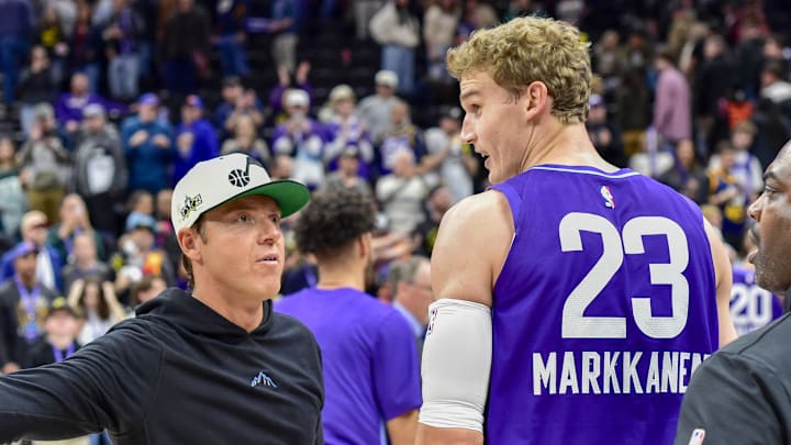Nov 23, 2024; Salt Lake City, Utah, USA; Utah Jazz forward/center Lauri Markkanen (23) and Ryan Smith after a game against the New York Knicks at the Delta Center. Mandatory Credit: Christopher Creveling-Imagn Images Nov 23, 2024; Salt Lake City, Utah, USA; Utah Jazz forward/center Lauri Markkanen (23) and Ryan Smith after a game against the New York Knicks at the Delta Center. Mandatory Credit: Christopher Creveling-Imagn Images