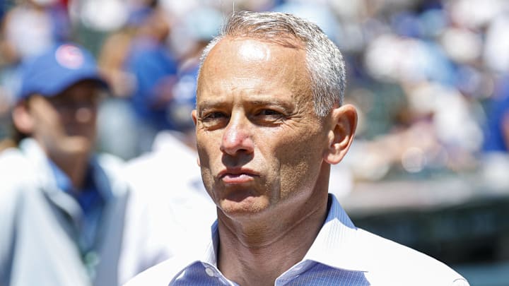 Jul 18, 2025; Chicago, Illinois, USA; Chicago Cubs President of Baseball Operations Jed Hoyer walks on the sidelines before a baseball game between the Chicago Cubs and Boston Red Sox at Wrigley Field. Mandatory Credit: Kamil Krzaczynski-Imagn Images