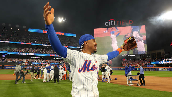  New York Mets shortstop Francisco Lindor (12) celebrates defeating the Philadelphia Phillies in game four of the NLDS for the 2024 MLB Playoffs at Citi Field. 