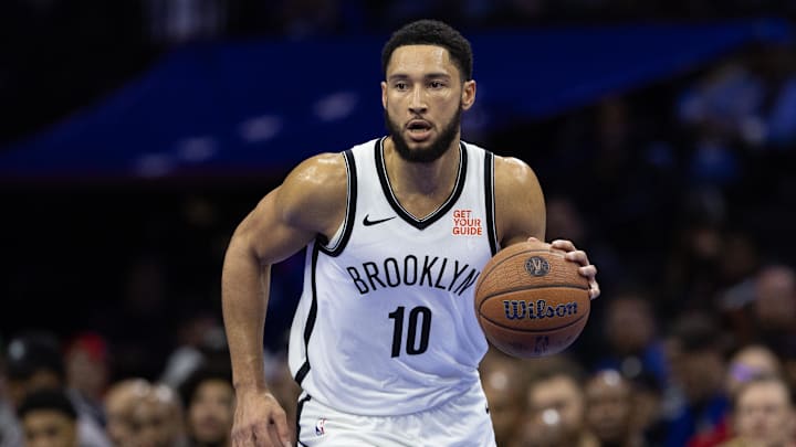 Nov 22, 2024; Philadelphia, Pennsylvania, USA; Brooklyn Nets guard Ben Simmons (10) dribbles the ball against the Philadelphia 76ers during the first quarter at Wells Fargo Center. Mandatory Credit: Bill Streicher-Imagn Images