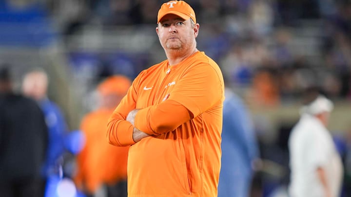 Tennessee coach Josh Heupel during warm-ups for a NCAA football game against Kentucky at Kroger Field in Lexington, Kentucky on Oct. 25, 2025.
