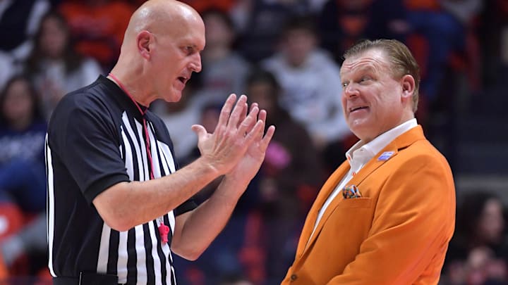 Feb 2, 2025; Champaign, Illinois, USA; Illinois Fighting Illini head coach Brad Underwood reacts after a talk with an official during the second half against the Ohio State Buckeyes at State Farm Center. Mandatory Credit: Ron Johnson-Imagn Images