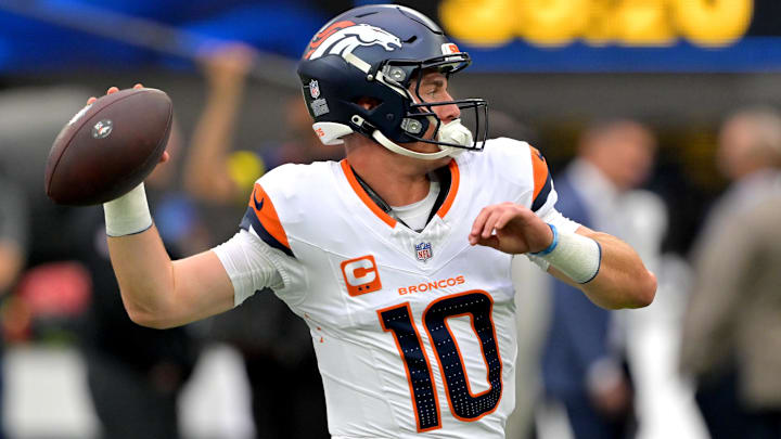 Sep 21, 2025; Inglewood, California, USA;  Denver Broncos quarterback Bo Nix (10) warms up prior to the game against the Los Angeles Chargers at SoFi Stadium. 