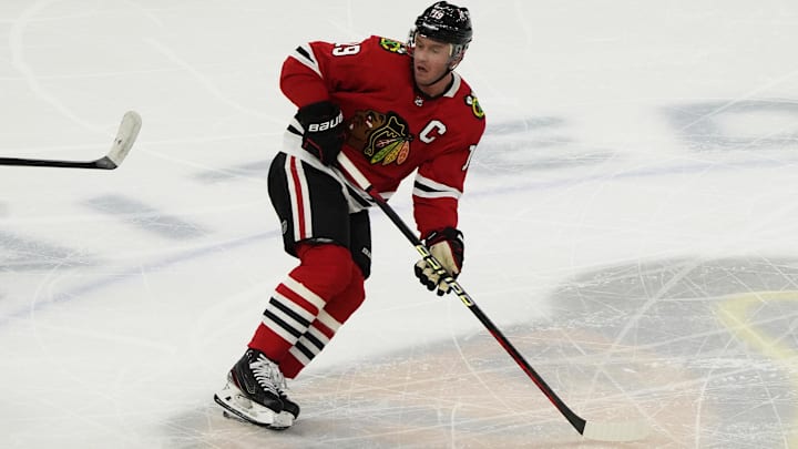 Apr 13, 2023; Chicago, Illinois, USA; Chicago Blackhawks center Jonathan Toews (19) plays in his last game as a Blackhawk against the Philadelphia Flyers during the first period at United Center. Mandatory Credit: David Banks-Imagn Images