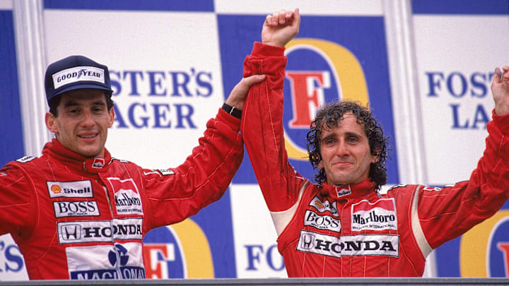 Ayrton Senna y Alain Prost compartiendo un podio en la Fórmula 1
