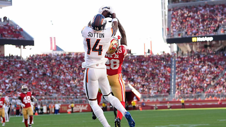 Denver Broncos wide receiver Courtland Sutton (14) can't make a catch vs. San Francisco 49ers cornerback Darrell Luter Jr. (28)