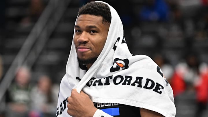 Dec 3, 2024; Detroit, Michigan, USA; Milwaukee Bucks forward Giannis Antetokounmpo (34) walks off the court after their win over the Detroit Pistons at Little Caesars Arena. Dec 3, 2024; Detroit, Michigan, USA; Milwaukee Bucks forward Giannis Antetokounmpo (34) walks off the court after their win over the Detroit Pistons at Little Caesars Arena.