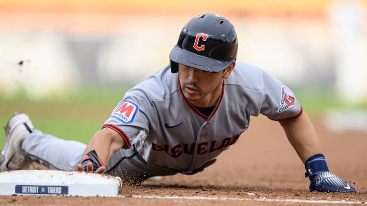 May 19, 2026: Cleveland Guardians left fielder Steven Kwan (38) dives back safely into first base on a pick off attempt by the Detroit Tigers in the fourth inning at Comerica Park. 
