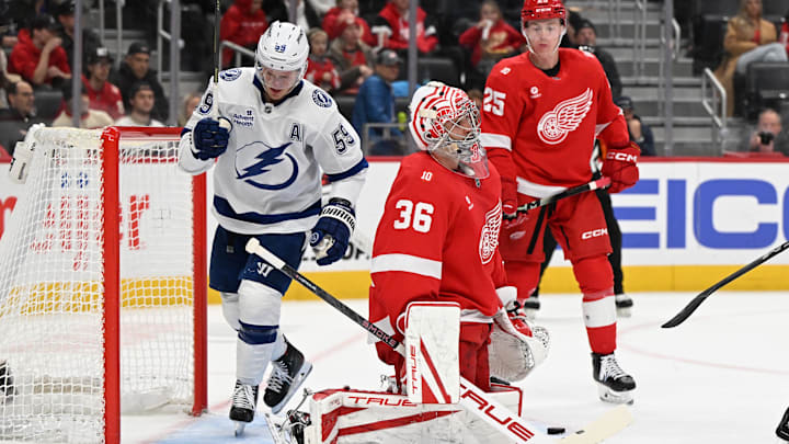 Nov 28, 2025; Detroit, Michigan, USA; Detroit Red Wings goaltender John Gibson (36) reacts after giving up a power play goal against the Tampa Bay Lightning  in the first period at Little Caesars Arena. Mandatory Credit: Lon Horwedel-Imagn Images