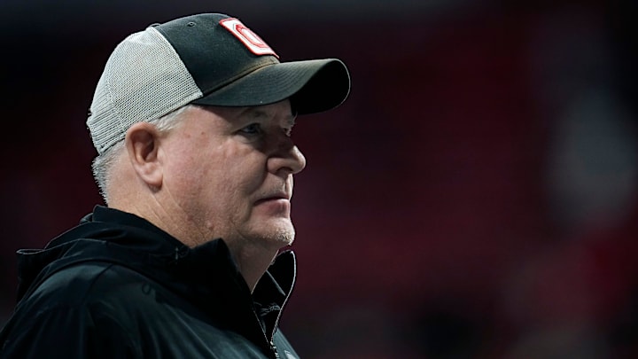 Ohio State offensive coordinator Chip Kelly watches warm ups before the start of the College Football Playoff National Championship at Mercedes-Benz Stadium in Atlanta on January 20, 2025.