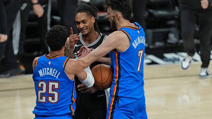 May 22, 2026; San Antonio, Texas, USA; San Antonio Spurs guard Devin Vassell (24) and Oklahoma City Thunder guard Ajay Mitchell (25) react at each other in the second half during game three of the western conference finals for the 2026 NBA playoffs at Frost Bank Center. Mandatory Credit: Daniel Dunn-Imagn Images May 22, 2026; San Antonio, Texas, USA; San Antonio Spurs guard Devin Vassell (24) and Oklahoma City Thunder guard Ajay Mitchell (25) react at each other in the second half during game three of the western conference finals for the 2026 NBA playoffs at Frost Bank Center. Mandatory Credit: Daniel Dunn-Imagn Images