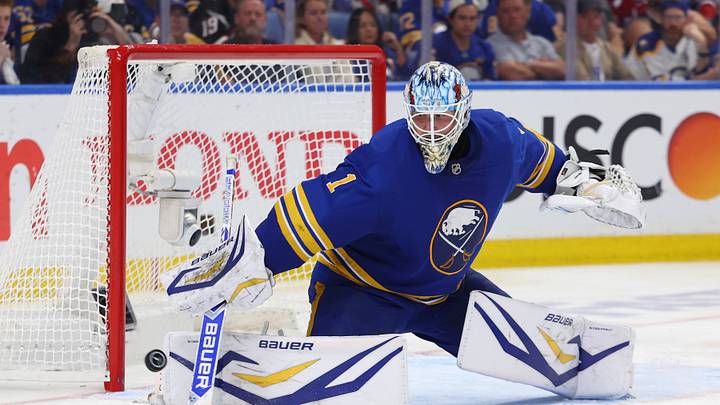 May 18, 2026; Buffalo, New York, USA; Buffalo Sabres goaltender Ukko-Pekka Luukkonen (1) makes a save during the third period against the Montréal Canadiens in game seven of the second round of the 2026 Stanley Cup Playoffs at KeyBank Center. Mandatory Credit: Timothy T. Ludwig-Imagn Images