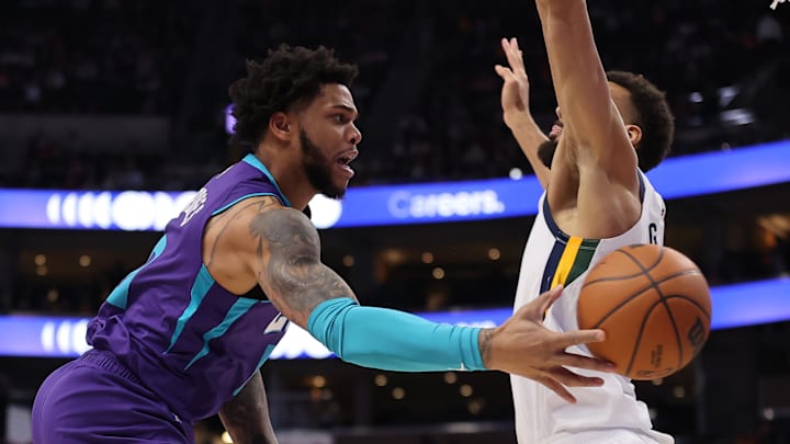 Dec 20, 2021; Salt Lake City, Utah, USA; Charlotte Hornets forward Miles Bridges (0) passes the ball