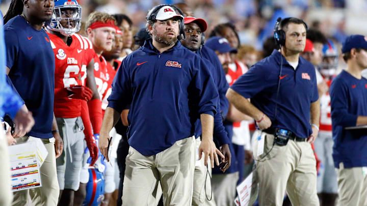 Oct 28, 2023; Oxford, Mississippi, USA; Mississippi Rebels defensive coorinator Pete Golding watches from the sidelines during the first half against the Vanderbilt Commodores at Vaught-Hemingway Stadium. Mandatory Credit: Petre Thomas-Imagn Images
