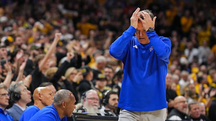 Dec 8, 2024; Columbia, Missouri, USA; Kansas Jayhawks head coach Bill Self reacts during the second half against the Missouri Tigers at Mizzou Arena. Mandatory Credit: Jay Biggerstaff-Imagn Images