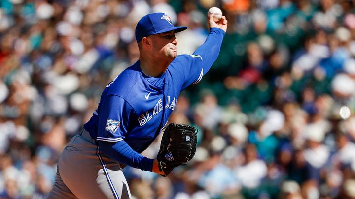 Jul 5, 2026; Seattle, Washington, USA; Toronto Blue Jays pitcher Mason Fluharty (68) throws against the Seattle Mariners during the eighth inning at T-Mobile Park. Mandatory Credit: Joe Nicholson-Imagn Images