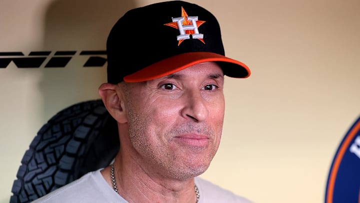 Sep 25, 2024; Houston, Texas, USA; Houston Astros manager Joe Espada (19) answers questions from the media in the dugout prior to the game against the Seattle Mariners at Minute Maid Park. Sep 25, 2024; Houston, Texas, USA; Houston Astros manager Joe Espada (19) answers questions from the media in the dugout prior to the game against the Seattle Mariners at Minute Maid Park.